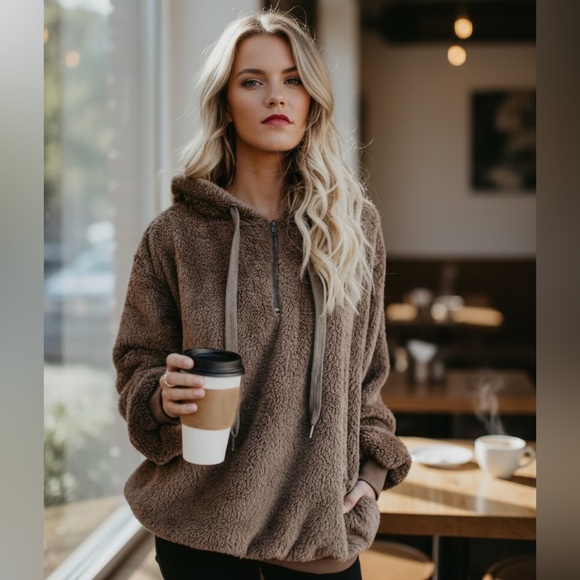 NEW•L-1X•Cozy Pass My Espresso Sherpa Pullover Plush Jacket - Picture 3 of 13